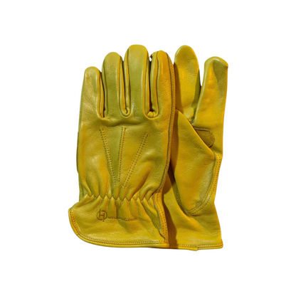 Yellow leather glove on a white background