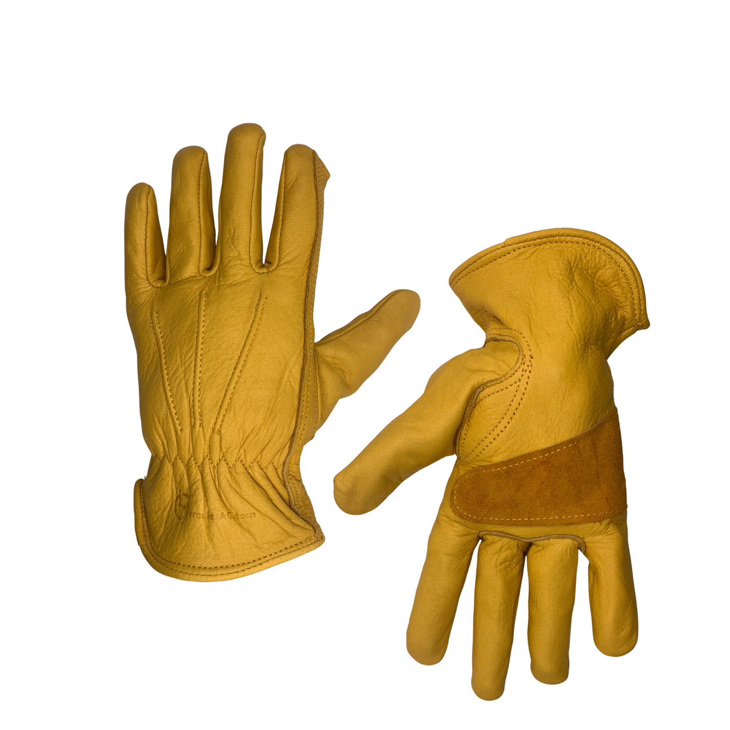 Pair of yellow leather gloves on a white background