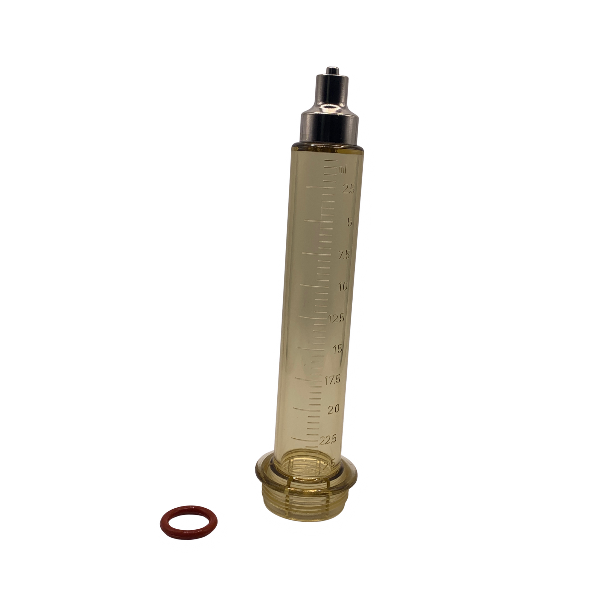 Transparent cylindrical measuring device with measurement markings on a white background