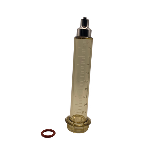 Transparent cylindrical measuring device with measurement markings on a white background