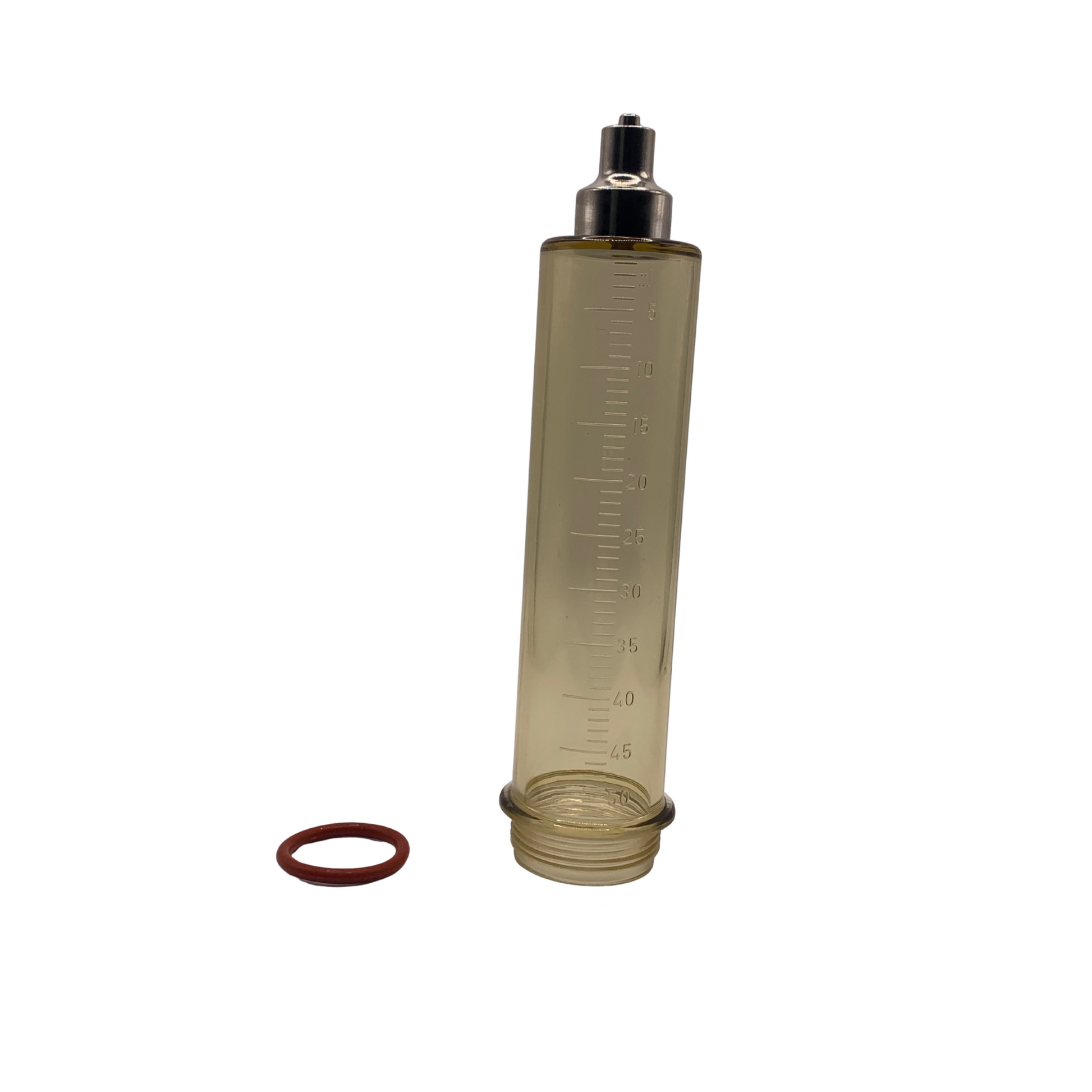 Clear cylindrical container with measurement markings and a red rubber ring on a white background