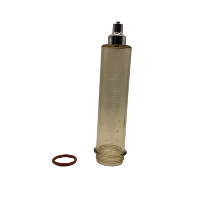 Clear cylindrical container with measurement markings and a red rubber ring on a white background