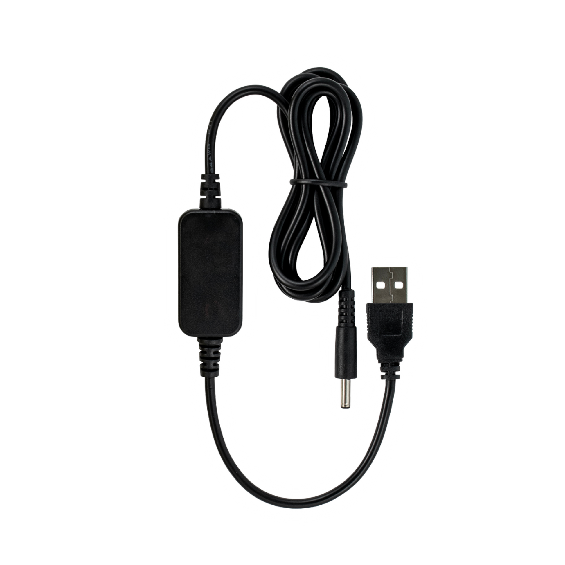 Black USB power adapter cable on a white background