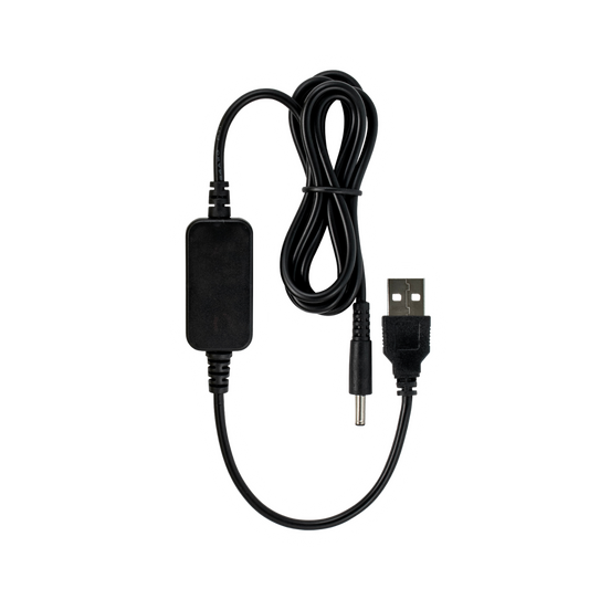 Black USB power adapter cable on a white background
