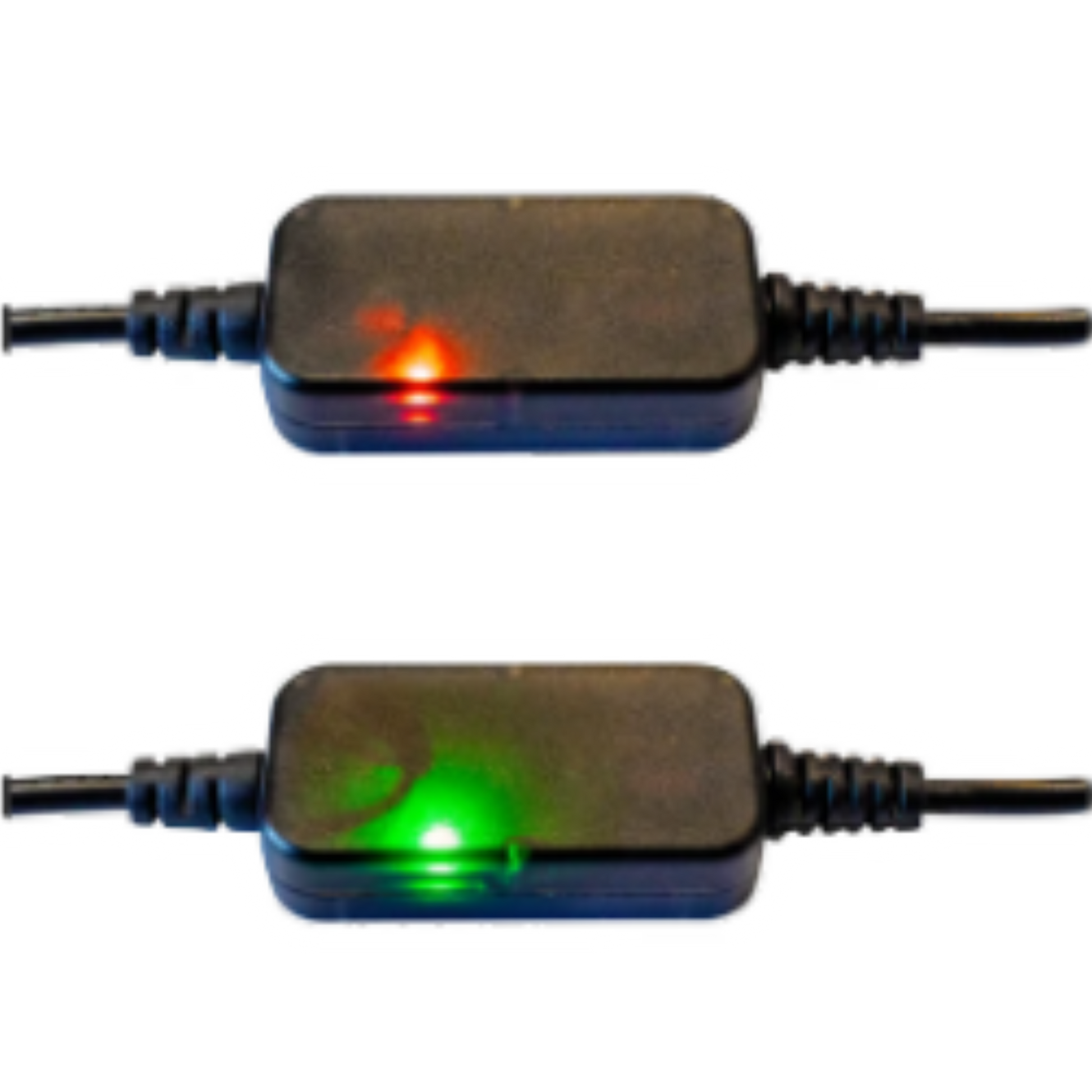 Two electronic devices with LED lights on a white background