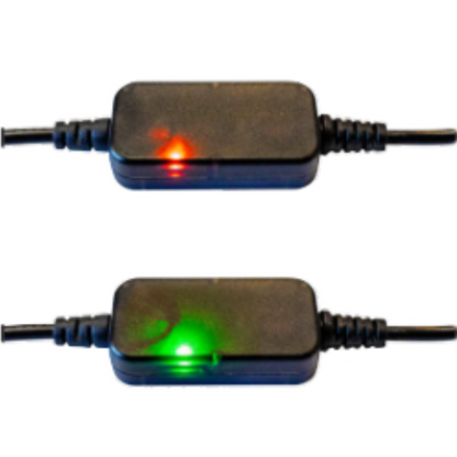 Two electronic devices with LED lights on a white background